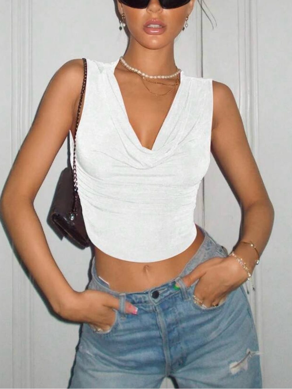 Women’s White Draped V-Neck Sleeveless Crop Top